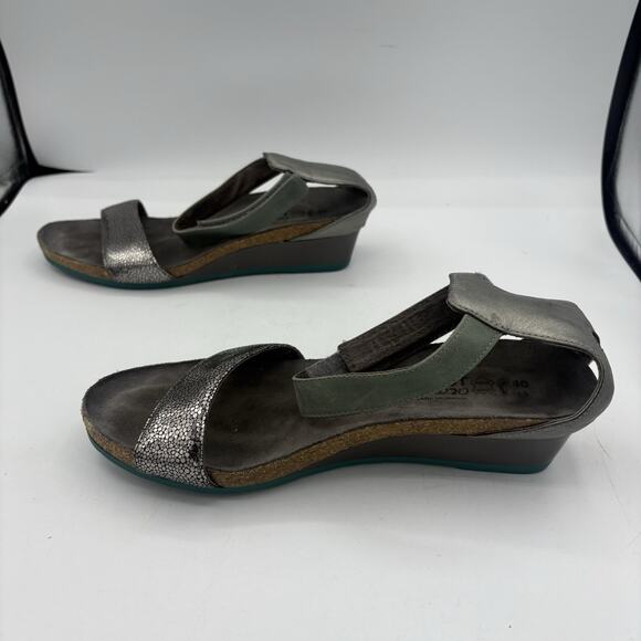 Naot Sandals Womens‎ Size 9 EU 40 Pixie Silver Green Leather Ankle Strap Wedge - Picture 8 of 9